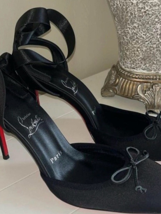 Christian Louboutin Shoes - Christian Louboutin Black Satin Pointed-Toe Ankle Tie Pumps with Red Sole